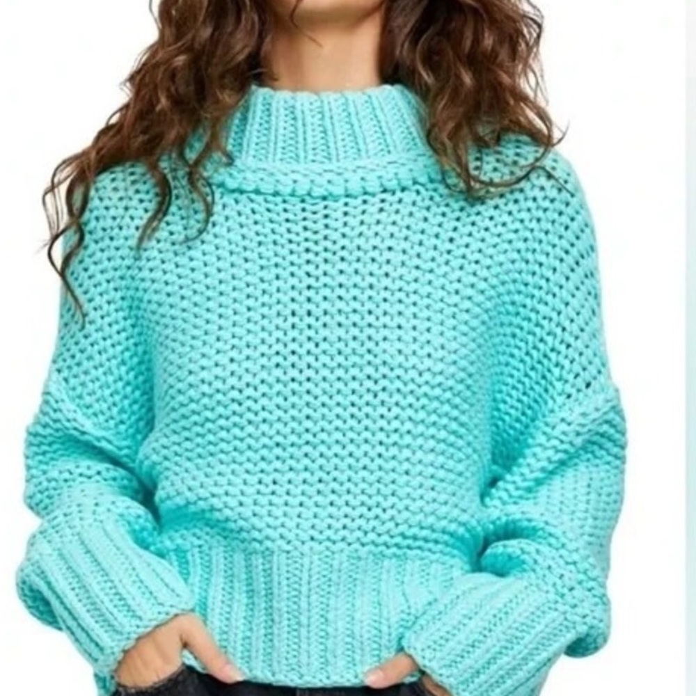 #1503 Free People My Only Sunshine Aqua Chunky Open Knit Sweater Large